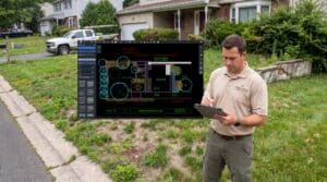 Landscape designer at house working in design software on tablet