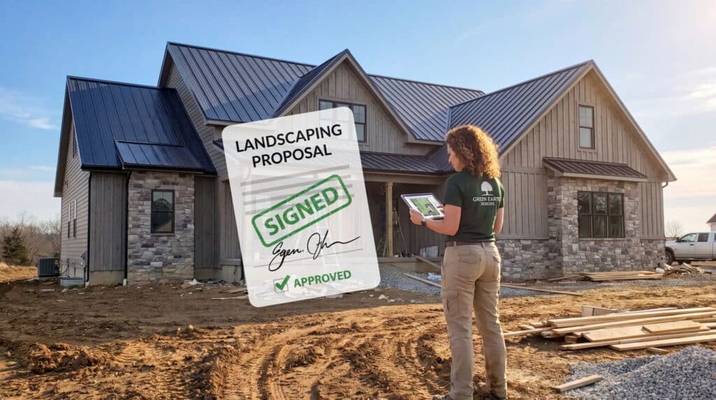 Landscape designer at residential project site working on tablet