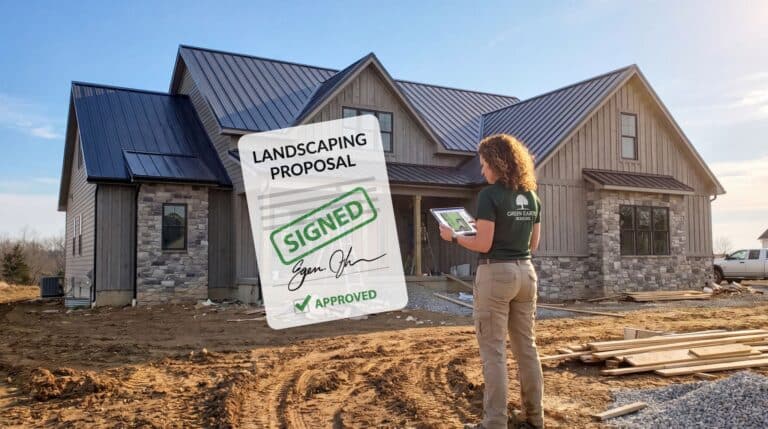 Landscape designer at residential project site working on tablet
