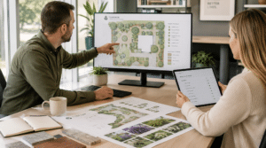 Landscape designer working on landscape plan with woman at desk on computer