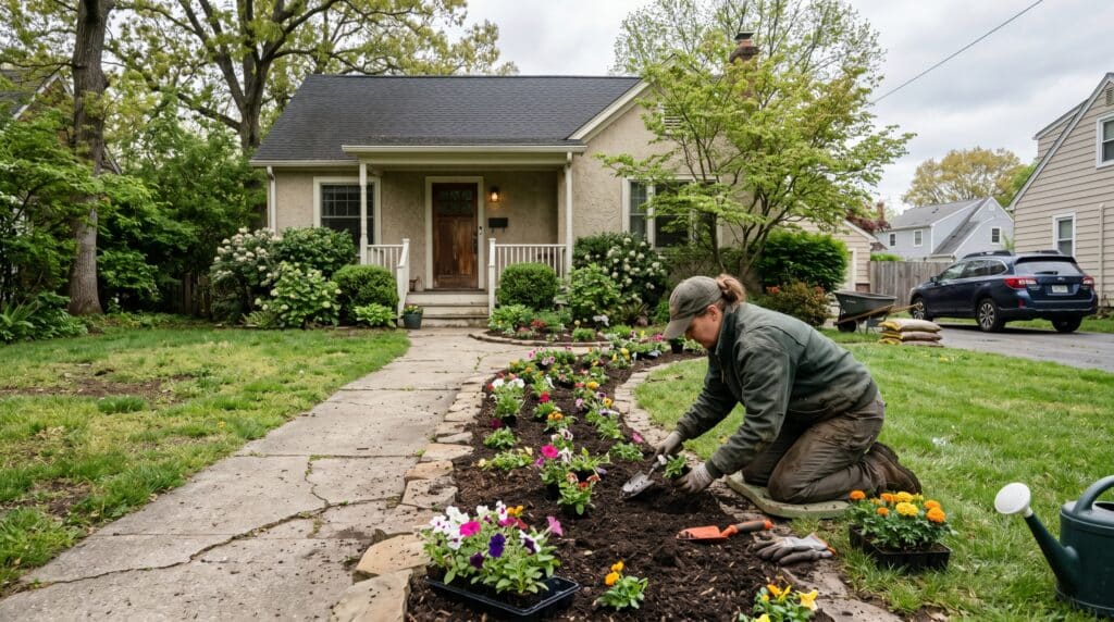 Landscaper planting garden along house pathway
