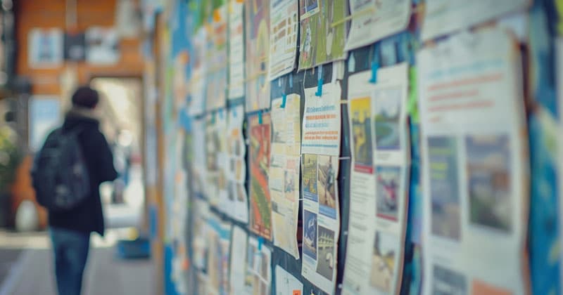 business flyers on a wall with someone walking by them